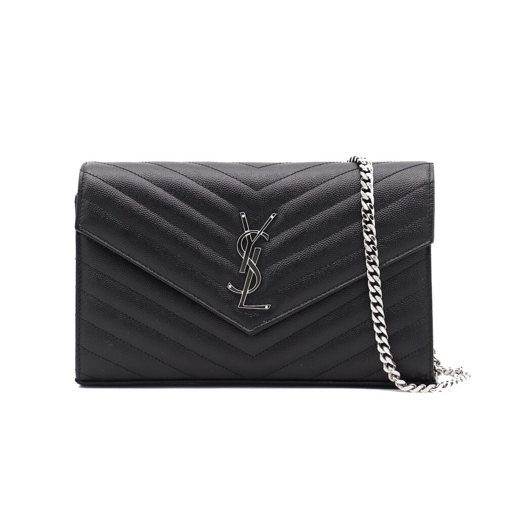 YSL SAINT LAURENT Cassandre Chain Wallet WOC 魚子醬牛皮 鍊條包 手拿包 肩背包 黑色 銀色 377828