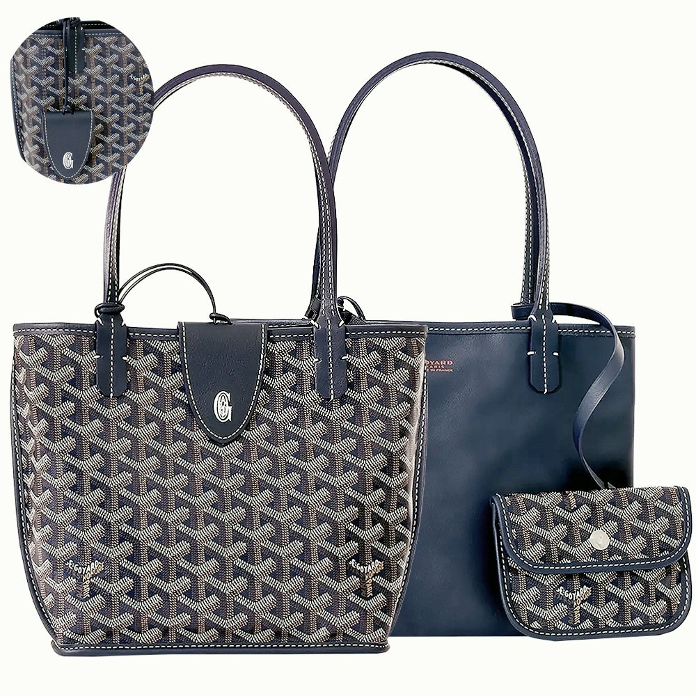 GOYARD Anjou 迷你 高雅得 磁吸扣Y字防水帆布x牛皮雙面托特包(深藍/附收納袋)