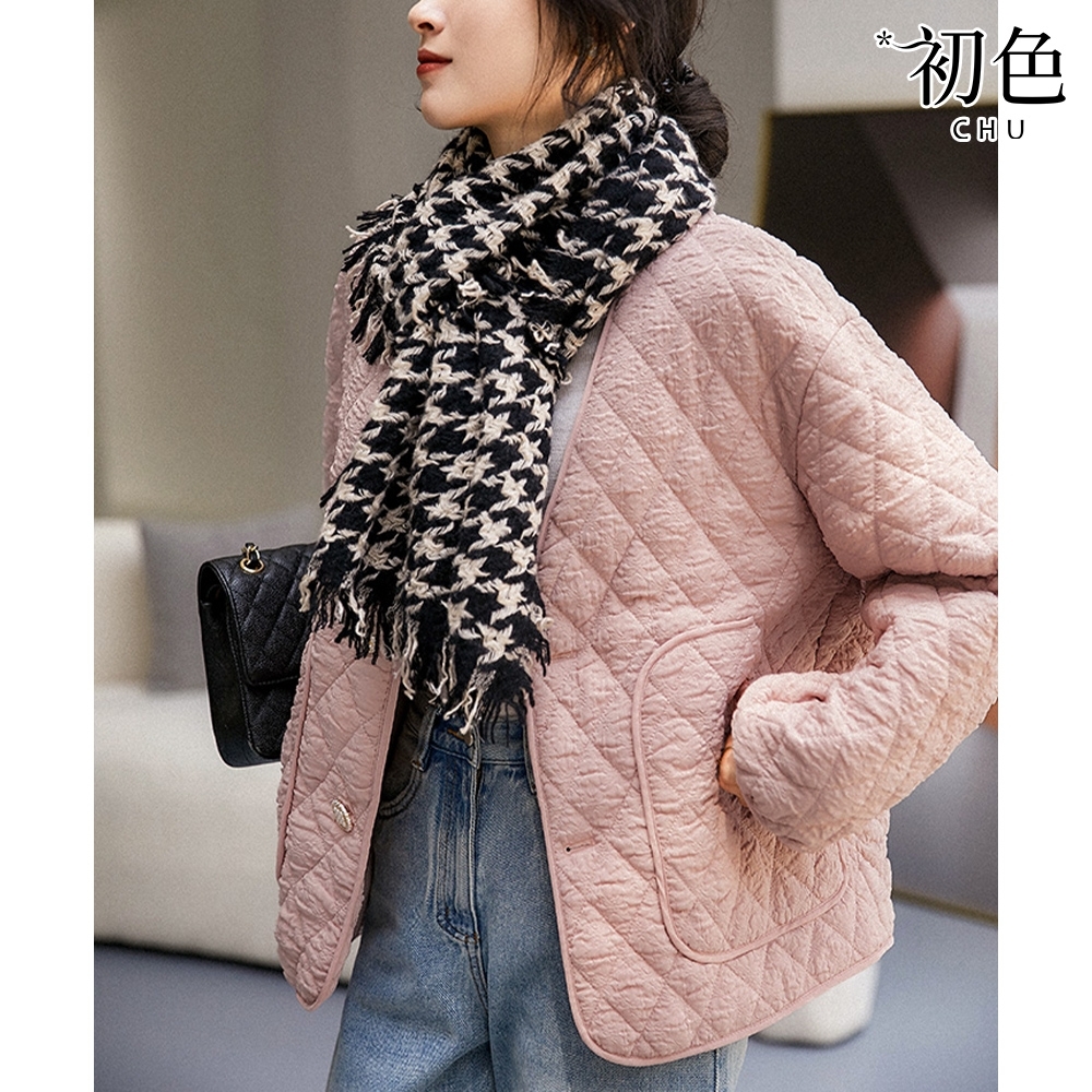初色 菱形壓型口袋棉質休閒外套-共3色-64494(M-XL可選)