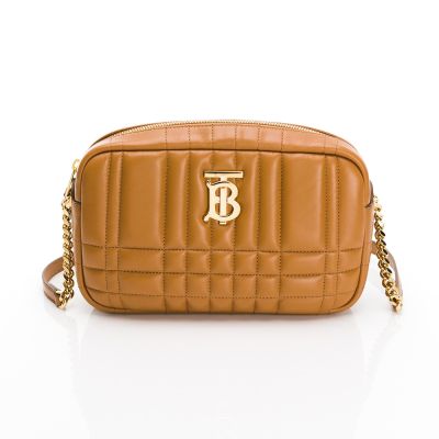 BURBERRY Lola金屬TB字LOGO小羊皮絎縫設計拉鍊斜背相機包(迷你/棕)
