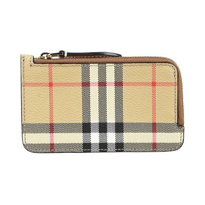 BURBERRY 皮章內嵌金字LOGO格紋PVC拼牛皮4卡拉鍊零錢卡夾包(米棕)