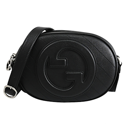 GUCCI Blondie GG 雙G LOGO車線橢圓迷你斜背包(黑)