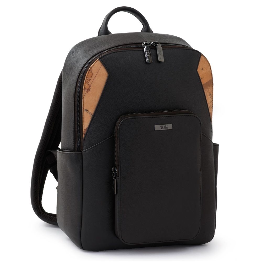 Alviero Martini 義大利地圖包 小牛皮14吋筆電拉鍊通勤後背包37cm-黑色 