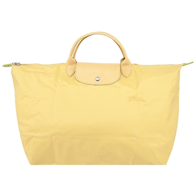 LONGCHAMP LE PLIAGE GREEN系列刺繡短把再生尼龍摺疊旅行袋(大/小麥黃)