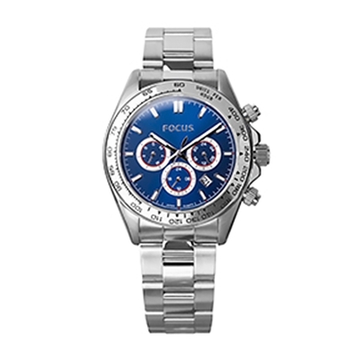 FOCUS Wheel of Time Watch 時光之輪系列-FC0001-55｜鋼圈藍面三眼不鏽鋼帶/44mm