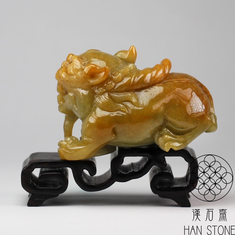 漢石齋】天然翡翠A貨黃金貔貅手把件小擺件飄花種帶黃翡(33*67*14mm