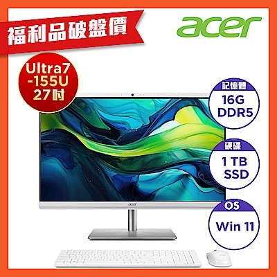 (福利品)Acer 宏碁 C27-195ES 27型AIO桌上型電腦(CU7-155U/16GB/1TB/Win11)
