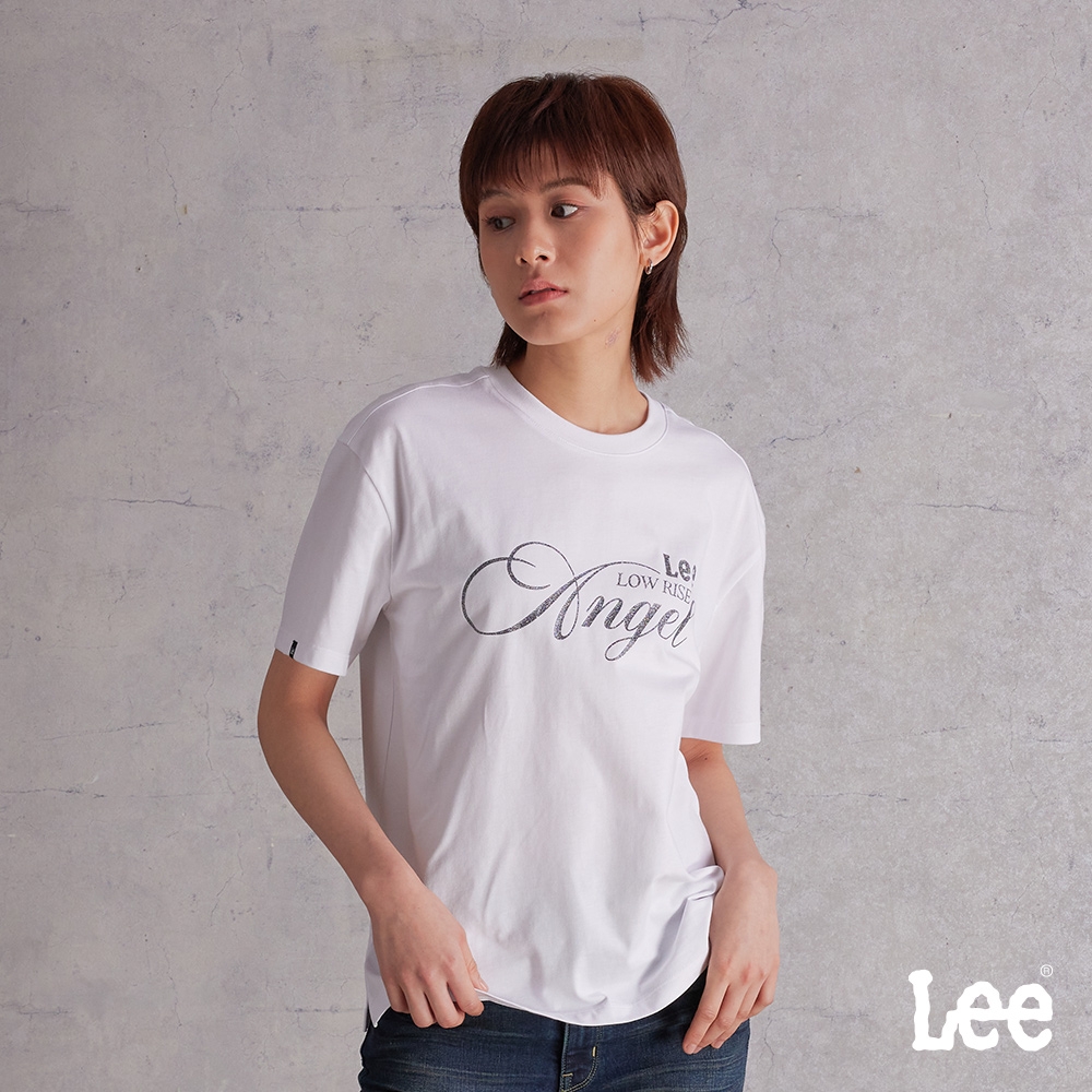 Lee 女款 男友版 ANGEL亮粉印花短袖圓領TEE 白色