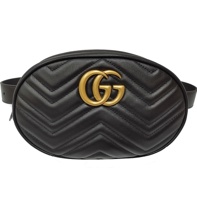 【GUCCI 古馳】491294 經典Marmont系列復古仿舊GG LOGO牛皮手拿包/化妝包/胸腰包(黑色75cm)