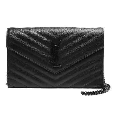 YSL MONOGRAM系列V字縫線魚子醬牛皮金屬LOGO黑鍊手拿/肩揹包(黑)