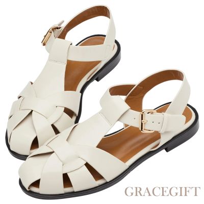 【Grace Gift】日系休閒編織羅馬平底涼鞋 米白