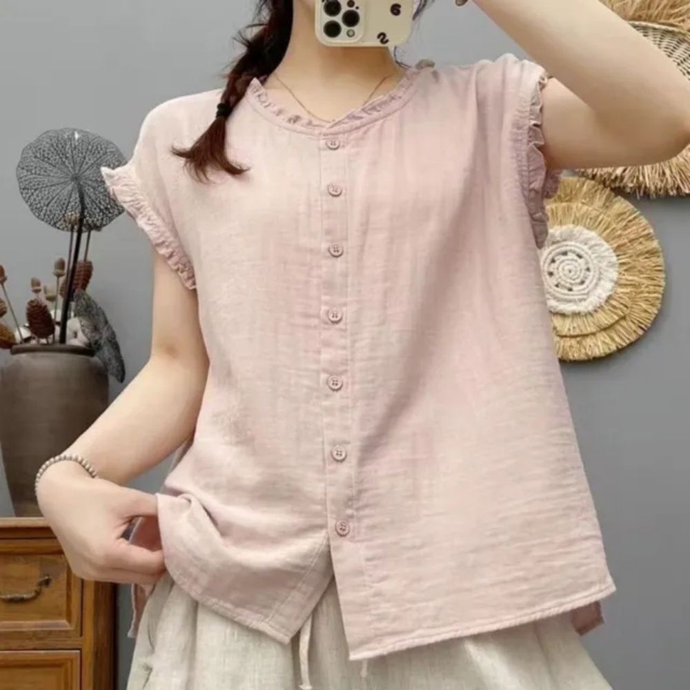 【LANNI 藍尼】★涼爽百搭木耳邊襯衫上衣(女裝/女上衣/短袖襯衫/休閒/日系/通勤) (粉)