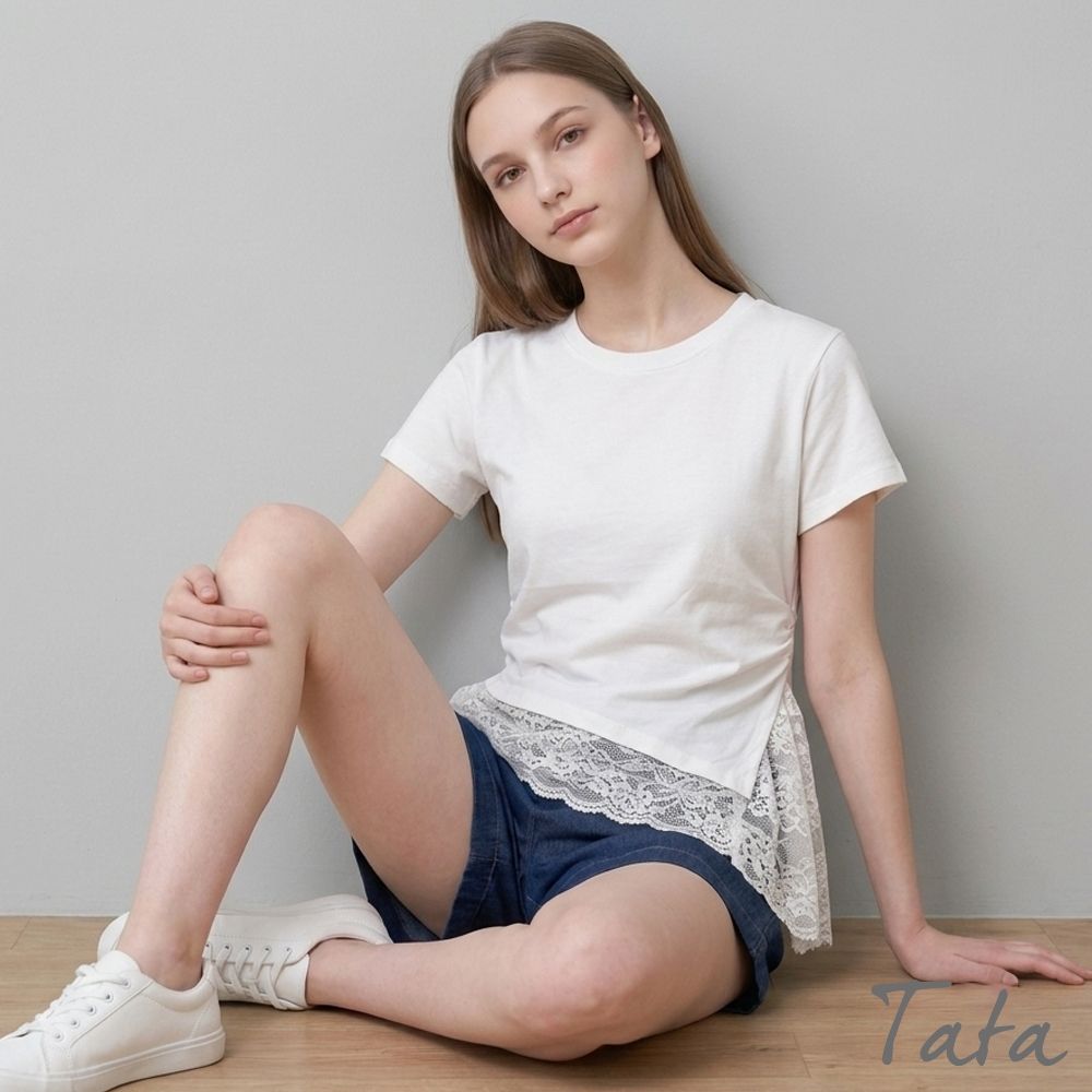 TATA 不規則蕾絲拼接下擺短袖T恤-共二色-M~XL (白色)