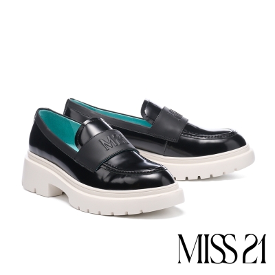 厚底鞋 MISS 21 微酸微澎率性異材質拼接LOGO樂福厚底鞋-黑