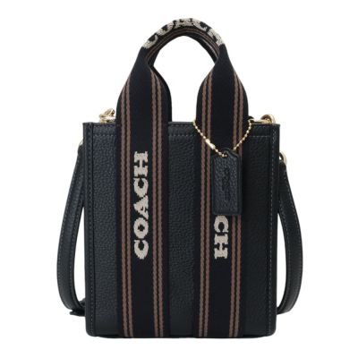 COACH 槓條字母皮革手提/斜背兩用手機包(黑)小