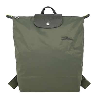 LONGCHAMP LE PLIAGE GREEN系列刺繡再生尼龍摺疊後背包(中/森林綠)