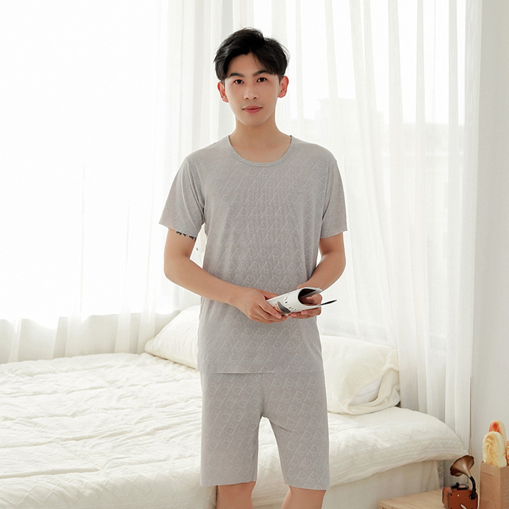 【Kosmiya】1套 夏季圓領情侶短袖睡衣褲/寬鬆睡衣/居家服/涼感睡衣/冰涼睡衣/居家套裝(8色可選/L-3XL) (男-灰色)