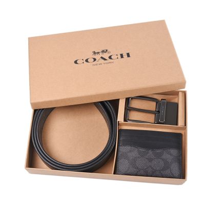 COACH 男款 緹花LOGO雙面用寬版皮帶名片夾禮盒組-灰黑色