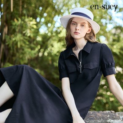 【en-suey 銀穗】前領拉鍊休閒短袖長洋裝