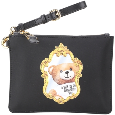 MOSCHINO 鏡框泰迪熊印花尼龍可拆腕帶手拿包(黑色)