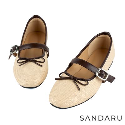 山打努SANDARU-瑪莉珍 編織撞色蝴蝶結平底瑪莉珍鞋-杏