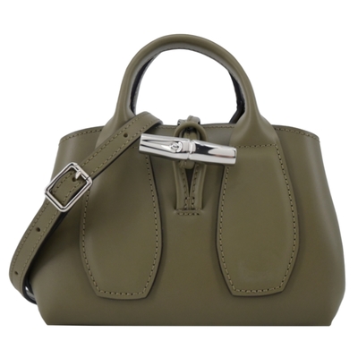 LONGCHAMP LE ROSEAU系列金屬竹節牛皮手提/斜背兩用包(迷你/卡其綠)