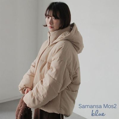〚Samansa Mos2 blue 〛蓬鬆圓弧下擺排釦拉鍊保暖連帽外套