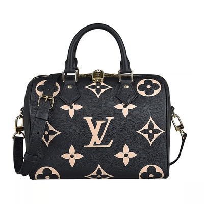 LOUIS VUITTON路易威登 LV M58947 Speedy粉膚花紋LOGO Monogram Empreinte牛皮拉鍊手提斜背波士頓包(黑x米)