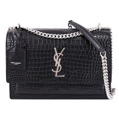 YSL Saint Laurent Sunset 金屬LOGO鱷魚紋牛皮翻蓋式兩用包/鍊包(黑銀)