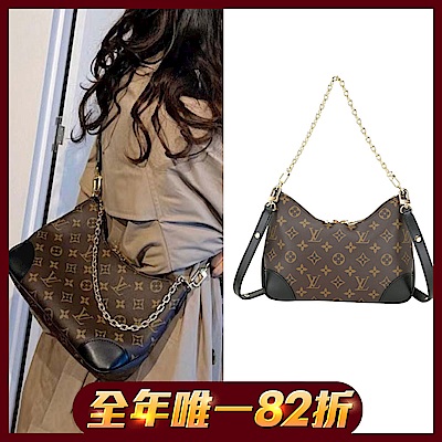LOUIS VUITTON路易威登 Louis Vuitton LV路易威登 M45831 Boulogne 老花塗層帆布拼牛皮鍊帶肩背腋下包(咖啡x黑)