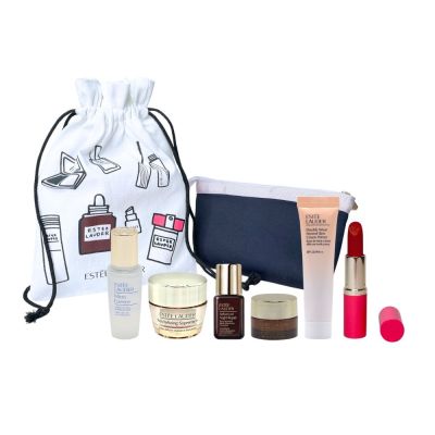 EsteeLauder 雅詩蘭黛旅行六件組(小棕眼 5ml+乖乖乳 15ml+絕美奢潤精萃唇膏#333 楓葉紅棕 3.5g+膠原霜 15ml+小棕瓶 7ml+原生露 15ml)