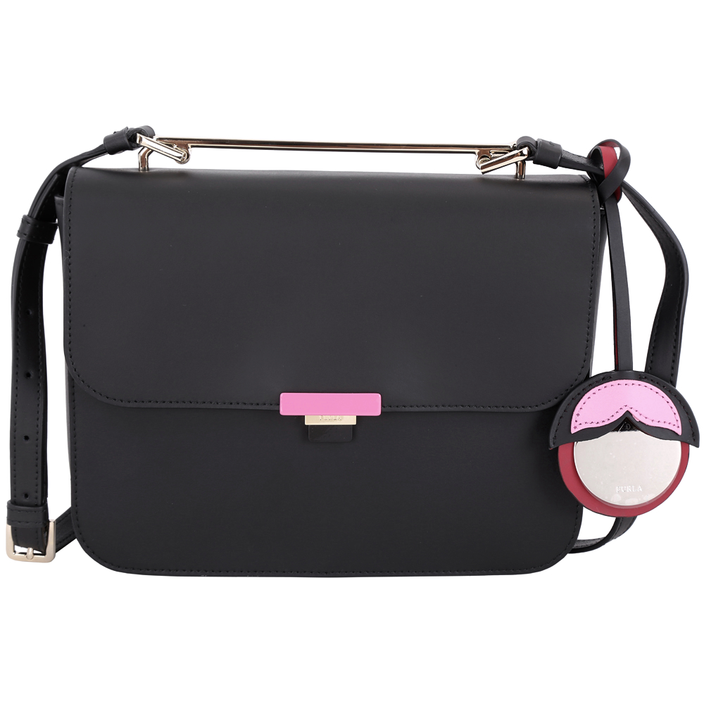 FURLA Elisir S 俏皮鏡面吊飾牛皮手提包(黑色)