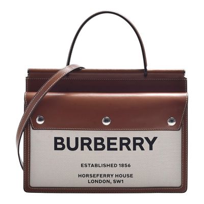 BURBERRY 經典Title 系列 Horseferry 印花帆布拼接牛皮手提/肩背包(米/棕)