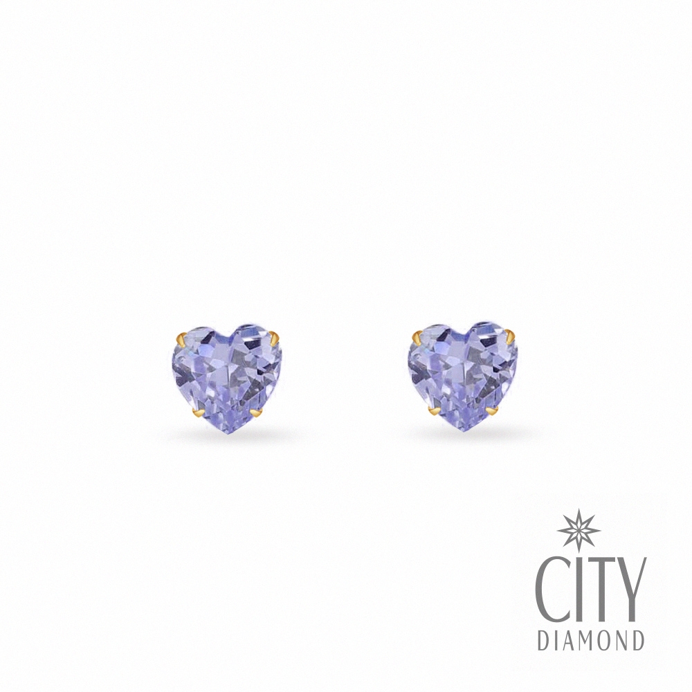 【City Diamond 引雅】網路獨家 18K日本薰衣草紫晶鑽黃K金愛心造型耳環(東京Yuki系列)