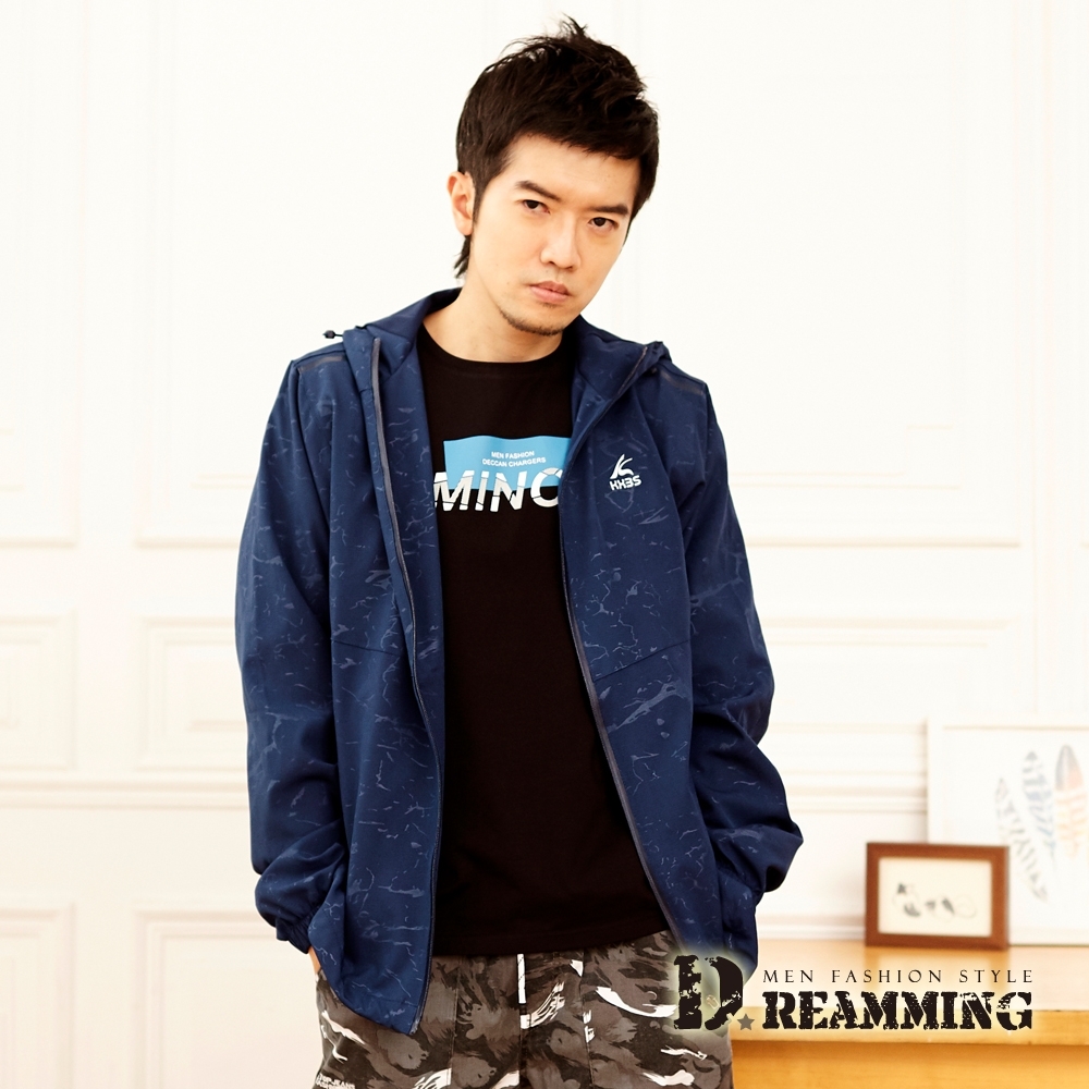 Dreamming 日系水紋彈力休閒運動連帽外套-共二色 (深藍)