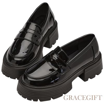 【Grace Gift】率性時髦輕量厚底便仕樂福鞋 黑漆