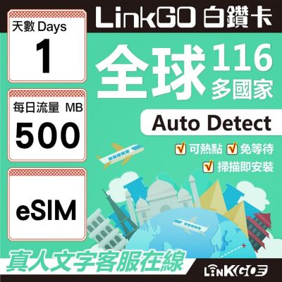 LINKGO白鑽卡 全球116國 eSIM卡 1天上網絡卡 每日500MB(全球網絡卡 亞洲 歐洲 美洲 大洋洲 非洲)