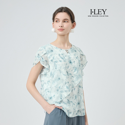 ILEY伊蕾 活片燒花印花雪紡上衣(淺藍；M-XL)