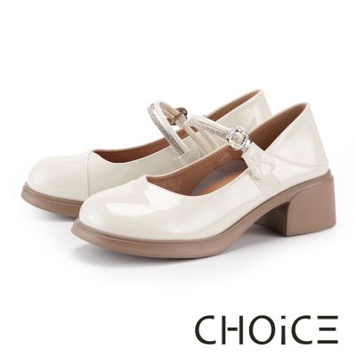 CHOiCE 漆皮小V口鑽帶瑪莉珍粗中跟鞋 米色
