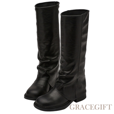 【Grace Gift】韓系顯瘦方頭褶皺褲管長靴 黑
