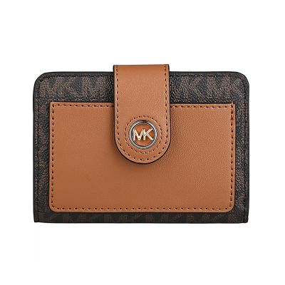 MICHAEL KORS 牛皮Mercer系列立體金字LOGO雙折6卡釦式短夾(褐x橡木棕)