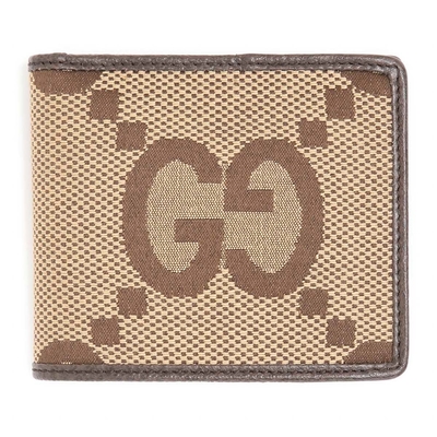 【GUCCI 古馳】699308 經典GG JUMBO印花系列帆布牛皮對開短夾(棕色)