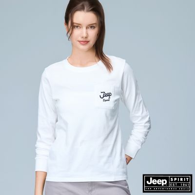 JEEP 女裝 經典品牌LOGO口袋長袖T恤-白色
