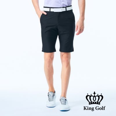 【KING GOLF】網路獨賣款-男款LOGO印花剪裁彈性短褲/高爾夫球褲-黑色