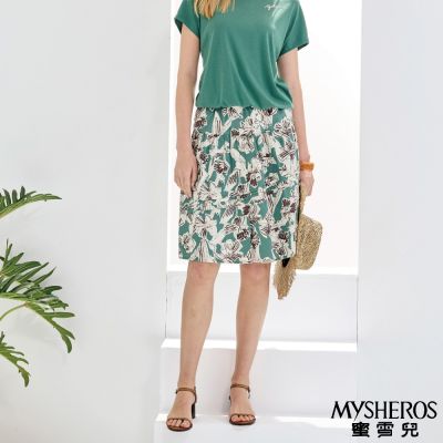 【MYSHEROS 蜜雪兒】熱帶風情印花拼接摺葉純棉A字裙-綠