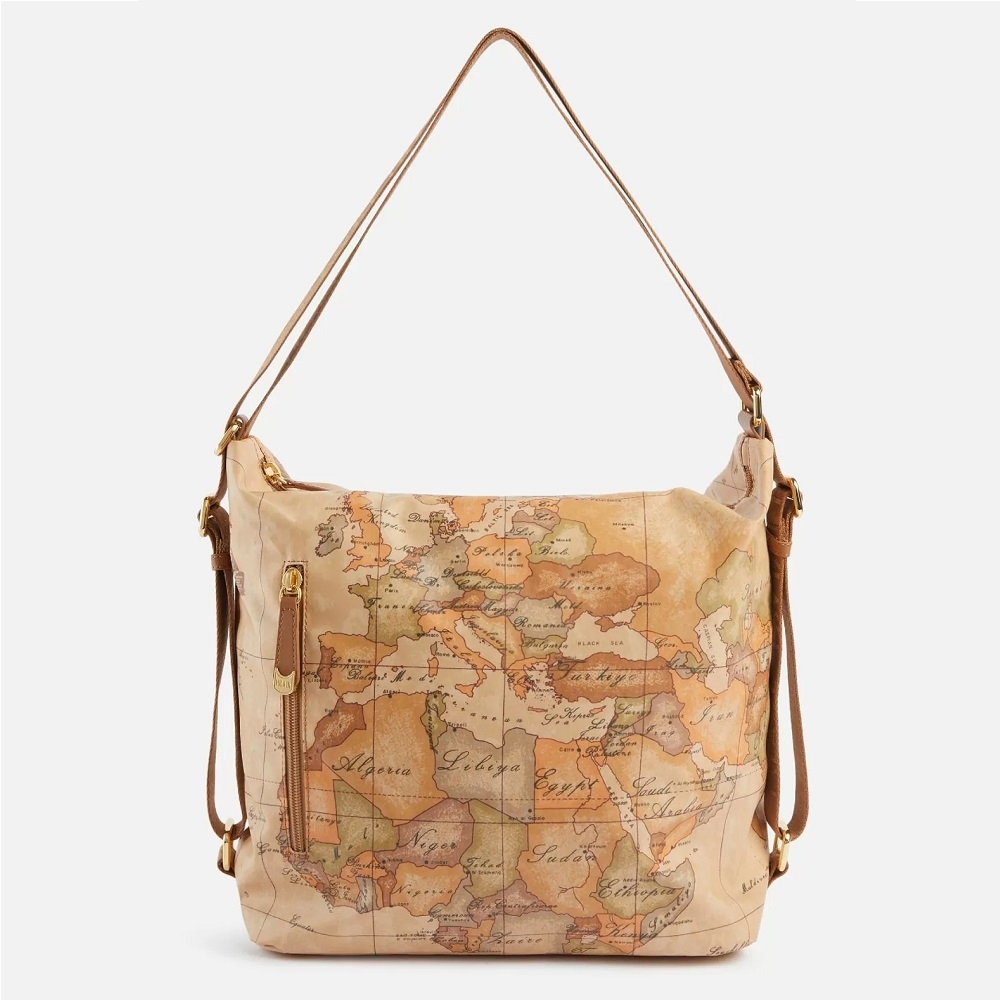 Alviero Martini 義大利地圖包 PU尼龍波西風 側背後背兩用包38cm-地圖黃 