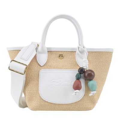 LONGCHAMP LE PANIER PLIAGE系列前口袋編織寬背帶串珠兩用提籃包(迷你/白)