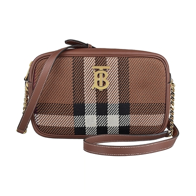 BURBERRY 巴寶莉 LORA TB金字LOGO格紋針織帆布拉鍊斜背相機包(小/樺木棕)
