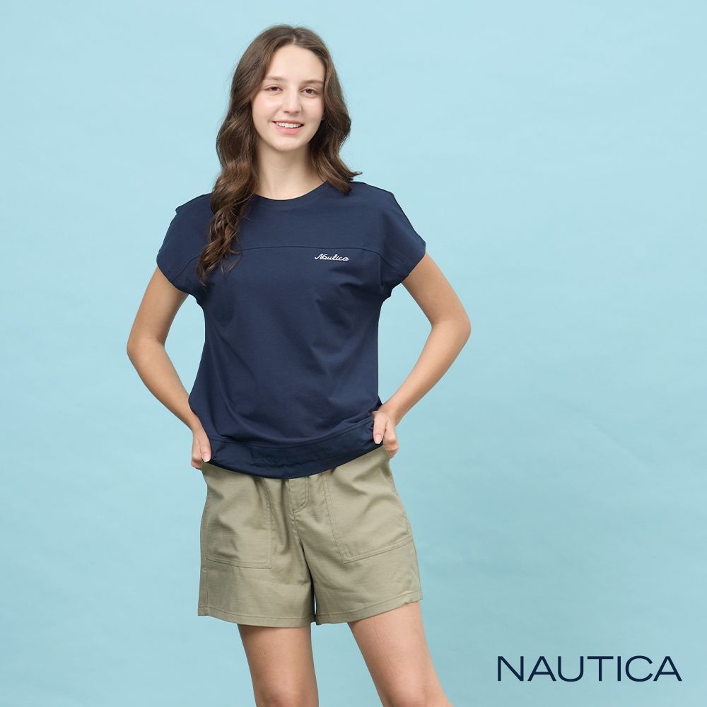 Nautica 官方旗艦 女裝 簡約刺繡涼感無袖T恤-藍色