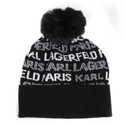 Karl Lagerfeld 卡爾老佛爺品牌字母亮飾妝點毛帽(黑色)